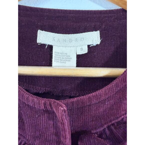 Sandro Paris Corduroy Ruffle Jacket Burgundy Snap Front 100% Cotton Sz S - Picture 5 of 8